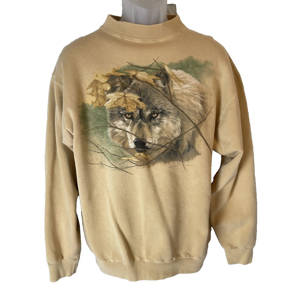 90's USA VTG HARLEQUIN‎ Heritage Mock Neck Wolf Sweatshirt Pullover Size M Tan